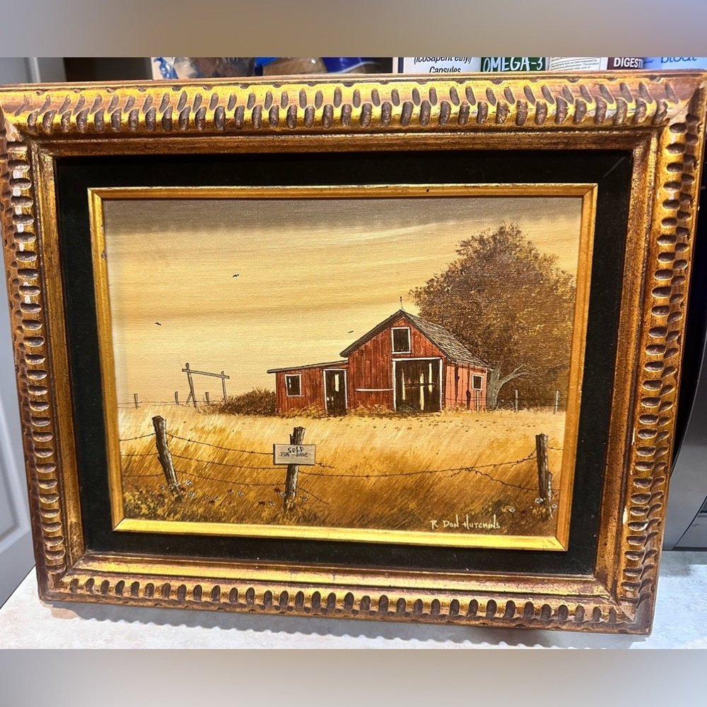 R Don Hutchins Countryside Barn Scene Oil Painting in Ornate Frame vintage